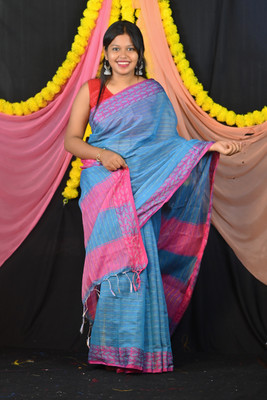 Ahana Textile Solid/Plain Handloom Cotton Blend Saree(Blue)