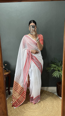 MM VENTURE Striped Chanderi Cotton Blend Saree(Red)