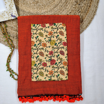 aangmi Printed Handloom Khadi Saree(Orange)