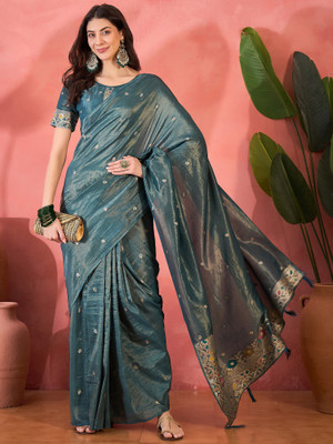 Sangria Self Design Saree with Attached Blouse Silk Blend Saree(Light Blue)