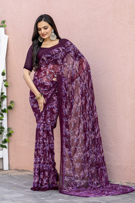 Anmi Printed Bollywood Chiffon Saree(Purple)