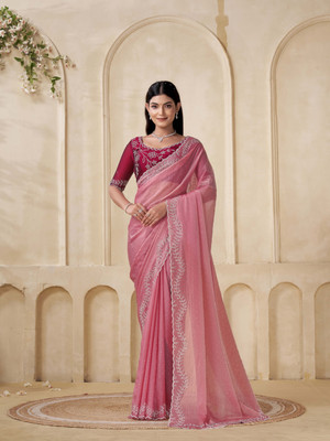 Zenophily Solid/Plain Maheshwari Chiffon Saree(Pink)