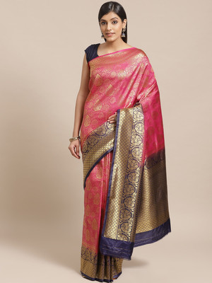 Saanjh Self Design Saree with Attached Blouse Silk Blend Saree(Pink)