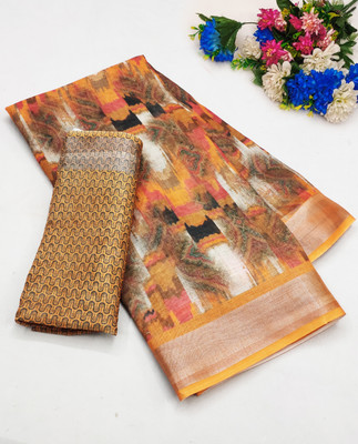 AARADHYA Digital Print Bollywood Cotton Linen Saree(Yellow)