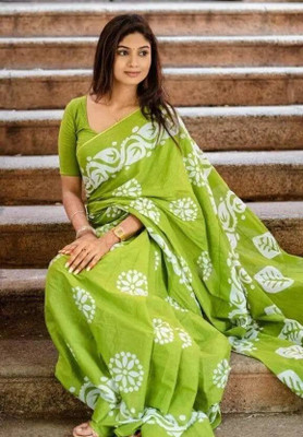 Alexa Fashion Floral Print Daily Wear Cotton Blend Saree(Green)