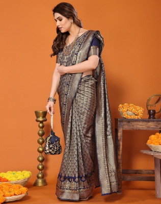 YASHIKA Printed, Self Design Banarasi Cotton Silk, Jacquard Saree(Blue)