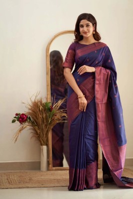 KRIYANSH Applique, Self Design, Printed, Striped, Woven, Temple Border Banarasi Art Silk, Jacquard Saree(Dark Blue)