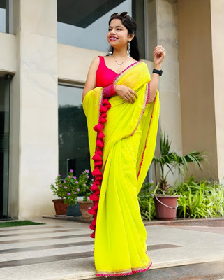 keshav piya fab Solid/Plain, Self Design Bollywood Chiffon, Georgette Saree(Light Green, Red)