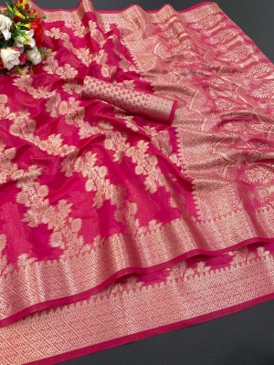 Fancy Fab Printed, Self Design, Applique, Paisley, Solid/Plain, Striped, Temple Border, Woven, Checkered Banarasi Jacquard, Organza Saree(Pink)