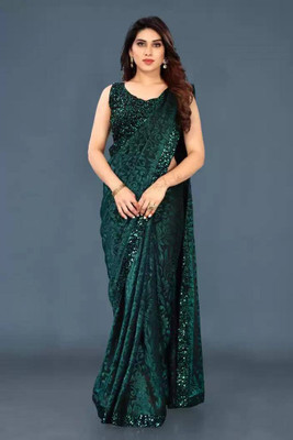 NAITRI CREATION Embellished Bandhani Velvet Saree(Green)
