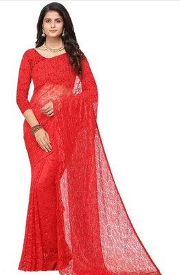 Amavii Dyed, Woven Bollywood Net Saree(Red)