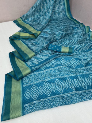 sareya veela Geometric Print Bandhani Cotton Linen Saree(Light Blue)