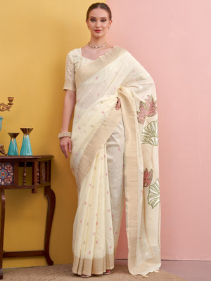 Tasrika Woven Hand Batik Linen Saree(White)