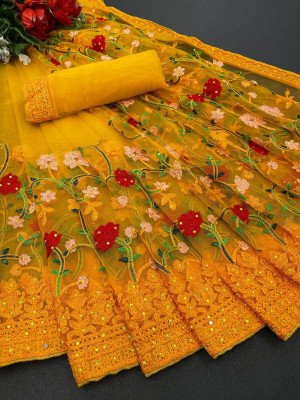 OFLINE SELECTION Embroidered Bollywood Net Saree(Yellow)