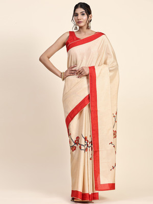Rachna Floral Print Bollywood Viscose Rayon Saree(Cream)