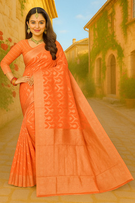 Saadhvi Woven Banarasi Cotton Blend Saree(Orange)