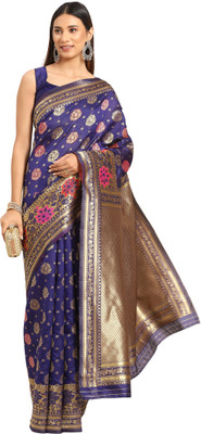 Akhilam Embroidered Banarasi Silk Blend Saree(Dark Blue)