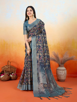 RekhaManiyar Printed Saree with Attached Blouse Silk Blend Saree(Blue)