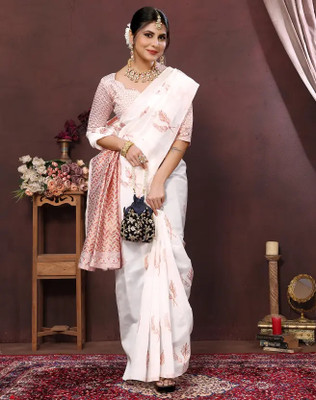 ZILVIRA Printed Kanjivaram Jacquard, Art Silk Saree(White)