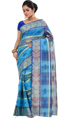 DipDiya Woven Tant Pure Cotton Saree(Blue)