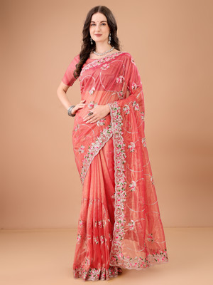SPAREN CREATION Embroidered Bollywood Net Saree(Brown)