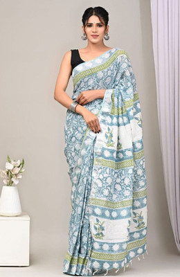 Sen Textiles Floral Print Daily Wear Cotton Silk Saree(White, Light Blue, Green)