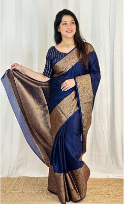 Handsel Self Design Banarasi Jacquard, Silk Blend Saree(Dark Blue)