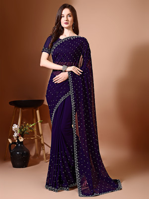 Leelavati Embellished Bollywood Chiffon Saree(Purple)