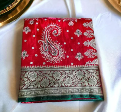 daniyal Printed Banarasi Pure Silk Saree(Red, Silver)