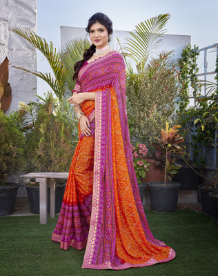 YASHIKA Printed Daily Wear Georgette, Lace Saree(Purple, Orange)