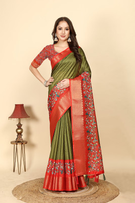 J6 Designers Checkered Bollywood Cotton Blend Saree(Green, Orange)