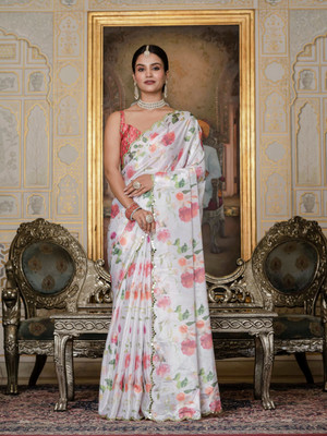 GRANTHI ENTERPRISE Floral Print, Printed Bollywood Chiffon Saree(White)