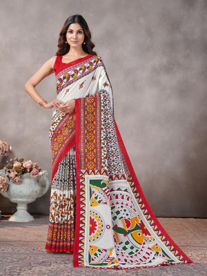 GARDEN VARELI Geometric Print Saree with Attached Blouse Silk Blend Saree(White)