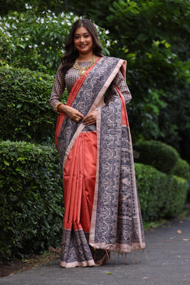 Tasrika Printed Kalamkari Tussar Silk Saree(Orange)