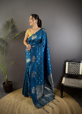 LeeliPeeri Designer Woven Banarasi Cotton Silk Saree(Blue)