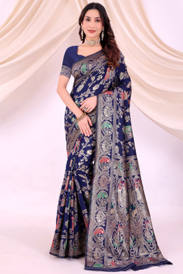 VKARAN Woven Kanjivaram Silk Blend Saree(Dark Blue)