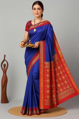 Sijileen Temple Border, Solid/Plain Sambalpuri Silk Blend Saree(Dark Blue)
