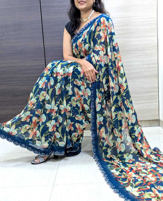 VD PRINTS Printed Pochampally Georgette Saree(Dark Green)