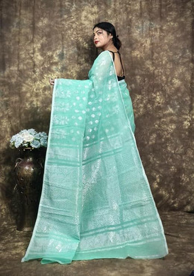 Pasum's Woven, Self Design Jamdani Cotton Silk Saree(Blue)