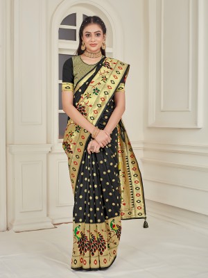 Mionas Woven Paithani Jacquard, Pure Silk Saree(Black)