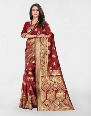 Samah Woven, Embellished, Self Design Banarasi Silk Blend, Jacquard Saree(Maroon, Gold)