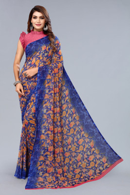 Madhur milan Floral Print Daily Wear Georgette Saree(Dark Blue, Pink)