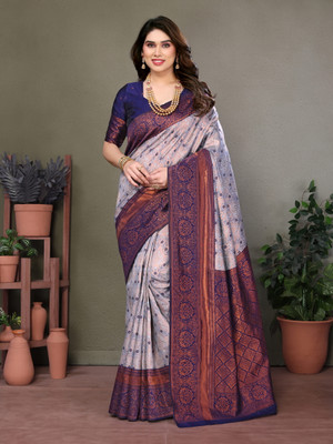 The Style Sanctuary Woven, Floral Print, Self Design Banarasi Silk Blend Saree(Yellow)