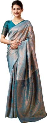 Pranjal Woven Banarasi Silk Blend Saree(Light Blue)