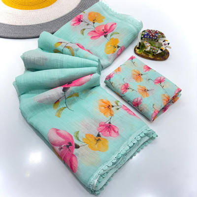 2SD gratitude Floral Print, Printed, Digital Print Daily Wear Cotton Linen, Linen Saree(Light Blue)