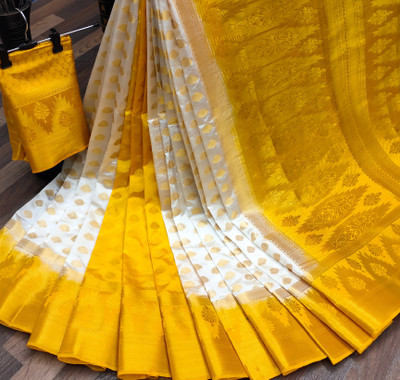Balaji Dyed Banarasi Nylon Saree(White, Yellow)