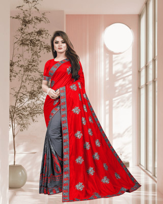 SHOBHTESH Embroidered Venkatagiri Silk Blend, Net Saree(Red, Grey)