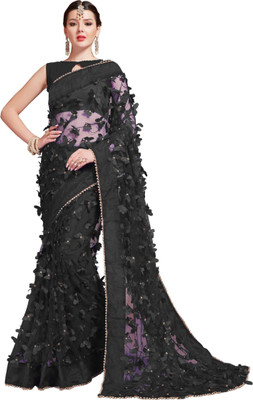Nytra creation Floral Print, Embroidered Banarasi Net Saree(Black)