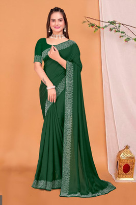 DHRAM CREATION Dyed, Embellished, Solid/Plain Bollywood Georgette, Chiffon Saree(Green)
