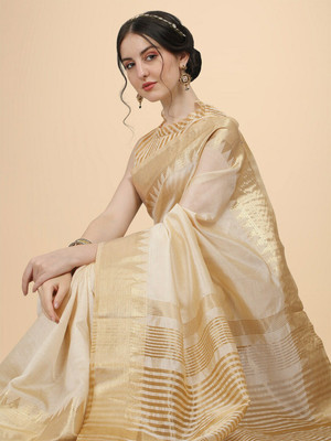 PRIYESHA TEXTILES Temple Border Assam Silk Cotton Blend Saree(White)